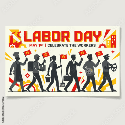 Diverse workforce celebrating labor day with national flags and symbols of their professions in a