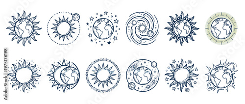 Celestial bodies doodle collection featuring Earth, Sun, Moon, and stars in various cosmic and astrological hand-drawn line art illustrations.