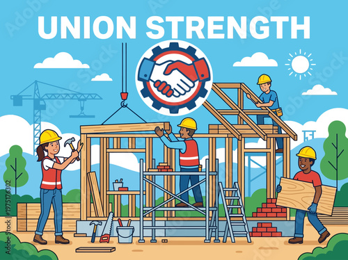 Skilled workers uniting to construct buildings demonstrating collective effort and industry strength
