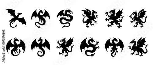 Mythical dragon silhouettes with wings and tails, depicted in a variety of powerful and elegant poses for design elements.