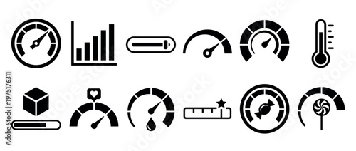 Collection of black and white vector icons representing various gauges, progress bars, meters, and indicators for data visualization and user interface design.