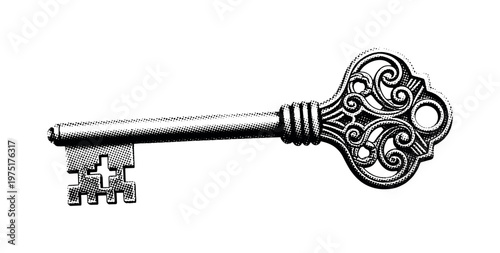 An antique gothic key with elongated stem and detailed engraved patterns, isolated as a single symbolic object, black and white halftone illustration, dense