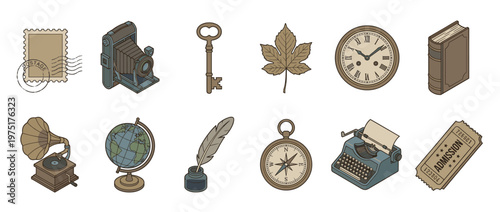 Collection of vintage isometric objects including a camera, gramophone, globe, and typewriter, representing history, travel, and communication.
