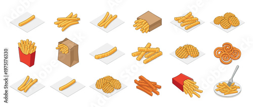 French fries and potato snacks isometric vector illustration set showing various types of fried potatoes in different serving styles.