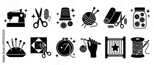 Collection of sewing, crafting, knitting, and embroidery tools and supplies depicted as black silhouette icons for handmade hobbies and textile arts.