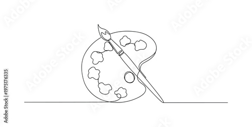 Artistic Inspiration Concept. Minimalistic one-line drawing paint brush crossing simple artist palette outline, continuous single black line on white