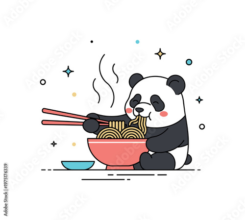 Noodle lover panda a small panda enjoying a bowl of noodles with chopsticks and soft steam rising above. The composition conveys warmth and satisfaction in a