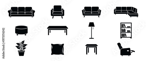 Furniture and home decor icons collection featuring various living room and household items in black silhouette style.