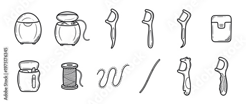 Dental floss and picks collection in various forms, including dispensers, spools, and different types of interdental cleaners, illustrated in a hand-drawn style.