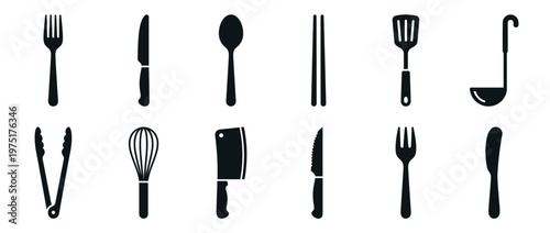 Kitchen utensils and cutlery set featuring various cooking tools and dining implements for culinary activities and meal preparation.