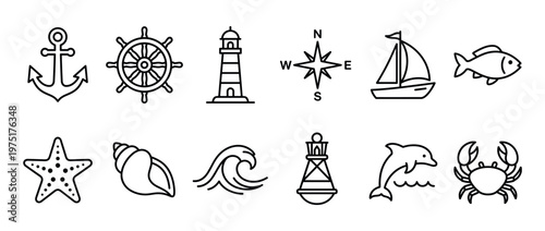 Nautical marine sea ocean navigation icons collection featuring various maritime symbols like anchor, wheel, lighthouse, sailboat, and sea creatures.