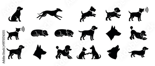 Dogs silhouettes set featuring various breeds and poses, perfect for pet care, animal training, and veterinary clinic designs.