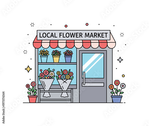 Local flower market a small shop window with bouquets and subtle decorative dots enhancing a lively mood. A bright and approachable illustration of floral