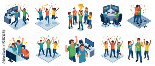 Gamers and friends celebrating victory and success in various esports competitions, winning trophies, medals, and achieving triumph together.
