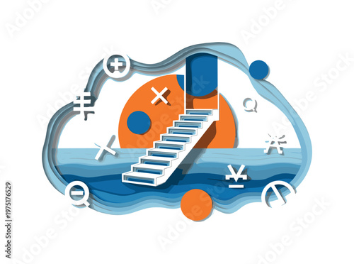 cut-out staircase floating over sea with overlapping orange and blue circles and abstract symbols, layered paper collage look with white outlines, surreal