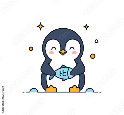 Cute penguin holding fish adorable tiny penguin standing upright holding a small fish in its flippers with a happy expression and subtle decorative sparkles