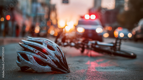Damaged bicycle helmet lying on the road near a fallen bike and emergency vehicle lights flashing during a city accident scene at sunset