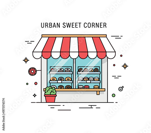 Urban sweet corner a small donut shop window with a striped awning and neatly arranged treats visible behind glass. The scene captures a charming city bakery