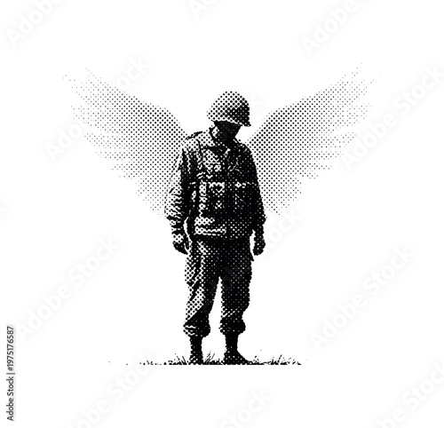 A soldier silhouette with angel wings subtly suggested through halftone engraving texture, symbolic memorial composition, black and white halftone