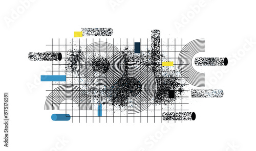 analog interference pattern with structured geometry, black and white noise texture paired with circular wave arcs and grid systems, floating rectangles and