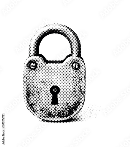 A vintage lock illustration with heavy grunge texture and worn metal detailing, centered as a solitary object, black and white halftone illustration, high
