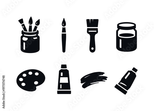 Paint Brush Jar. Filled icon set of Paint Brush Jar: jar with paint brushes, single paint brush, flat brush,