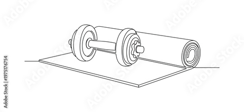 Home Workout Setup. Minimalistic one-line drawing single dumbbell beside rolled exercise mat, continuous single black line on white background, simple outline