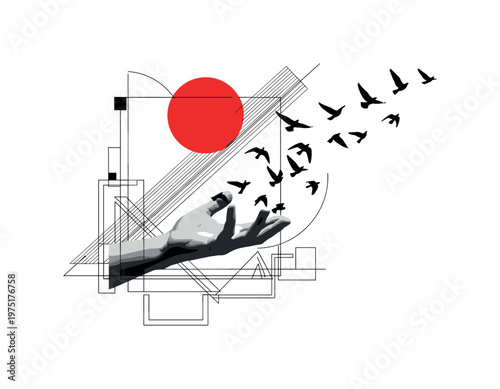 black and white vintage hand releasing flying birds, bold red circle behind like a sun, geometric lines and abstract shapes surrounding, cut-out collage with