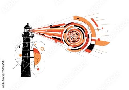 cosmic beacon lighthouse scene with geometric circles abstract shapes and lines, black and white lighthouse beam turning into spiral galaxy light with layered