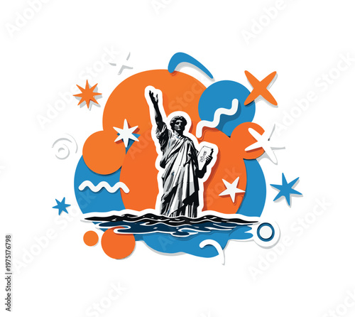 cut-out statue emerging from sea with overlapping orange and blue circles and abstract symbols, layered paper collage look with white outlines, surreal