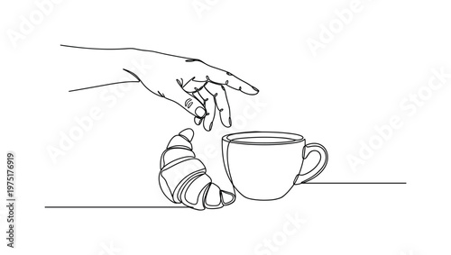 Morning Ritual. Minimalistic one-line drawing a hand reaching toward a coffee cup and croissant, continuous single black line on white background, simple