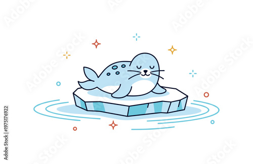Arctic cuteness a small playful seal resting on a floating ice floe surrounded by gentle ripples and tiny sparkles suggesting calm polar waters. A lighthearted