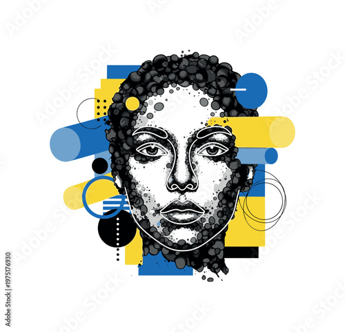 ink drop portrait texture with abstract cylinders circles and graphic blocks, black and white ink droplets forming artistic facial features with white outline