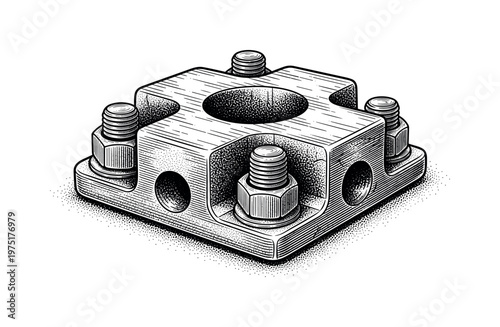A metal rail joint plate with bolts rendered in engraved detail and dot shading, black and white illustration, vintage newspaper aesthetic, strong contrast,