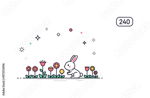 Tiny playful bunny in blooms adorable little bunny hopping or sitting among colorful flowers with tiny decorative sparkles enhancing the whimsical