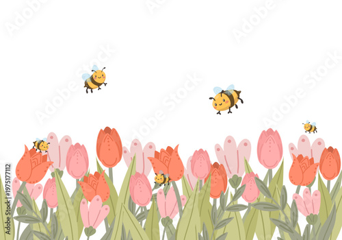 Spring garden border with pink tulips and cute honey bees. Floral horizontal background with flying insects for children's cards, Easter decorations and wedding invitations. Vector illustration.