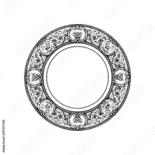 A ceremonial decorative plate with intricate baroque engraving and a clean empty center, shown alone with slight cropping, black and white halftone