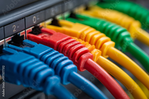 Vibrant network cables plugged into a switch in a server room showcasing the colorful connectivity and organization of modern data infrastructure systems