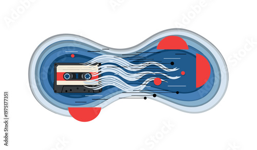 classic cassette tape unraveling into stylized blue waves, red semicircles and thin black lines suggesting motion, layered paper cut-out composition with