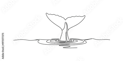 Sea Escape. Minimalistic one-line drawing a whale tail disappearing beneath water surface, continuous single black line on white background, simple outline