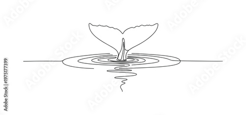 Ocean Grace. Minimalistic one-line drawing a whale tail emerging from calm water with gentle ripples, continuous single black line on white background, simple