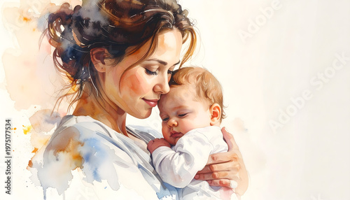 A heartfelt watercolor portrait of a mother gently holding her sleeping baby, blending splashes of color with soft emotion. A touching depiction of love, care, and the quiet beauty of motherhood.