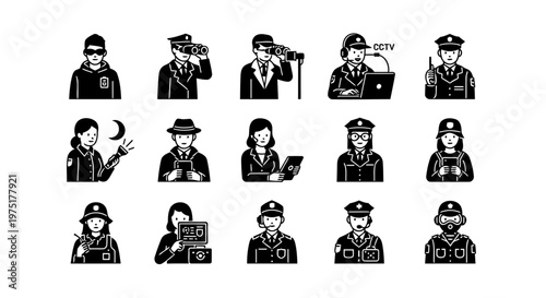 Collection of 15 unique black silhouette icons representing railway intelligence officers and surveillance workers in various roles.