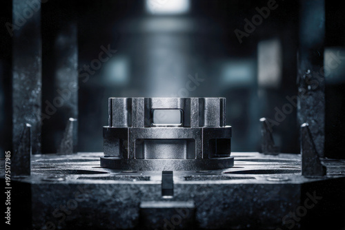 Industrial metal part in a precise mold on machine with focused lighting highlighting its detailed textures inside manufacturing facility environment