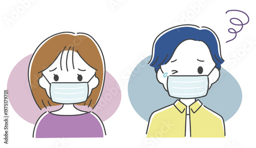 マスクをつけた体調不良の男性と女性のイラスト
