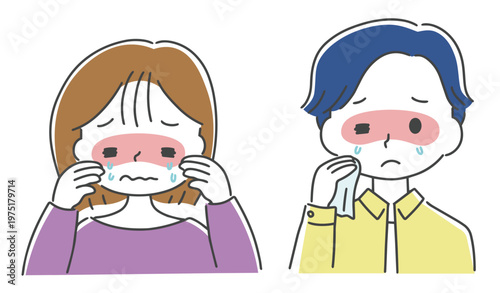 目のかゆみに悩む男女のイラスト