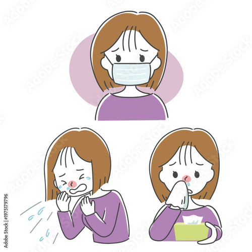 花粉症や風邪の症状に悩む女性のイラスト