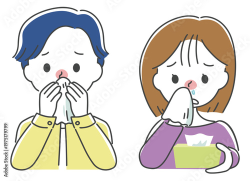 鼻炎・鼻水に悩む男女のイラスト