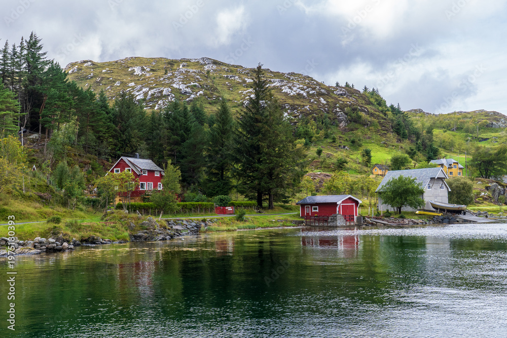 Fototapeta premium Traditional Red House and Boathouse in Sortland, Norway