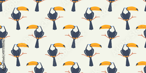 Retro toucan bird summer seamless pattern. Hand drawn style tropical background illustration. Vintage exotic nature textile print, jungle animal texture.